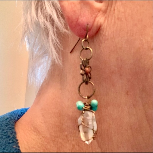 Quartz & Turquoise Brass Flower Earrings - Picture 12 of 13